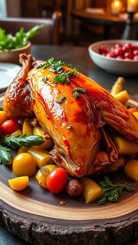 A roasted duck with crispy skin, garnished with herbs and served with vegetables on a wooden platter.